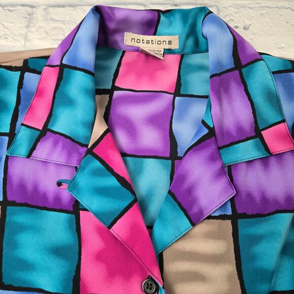 VTG Notations Blouse Shacket Multicolored Liquid Checkered Button Front Size Lrg - Picture 9 of 15